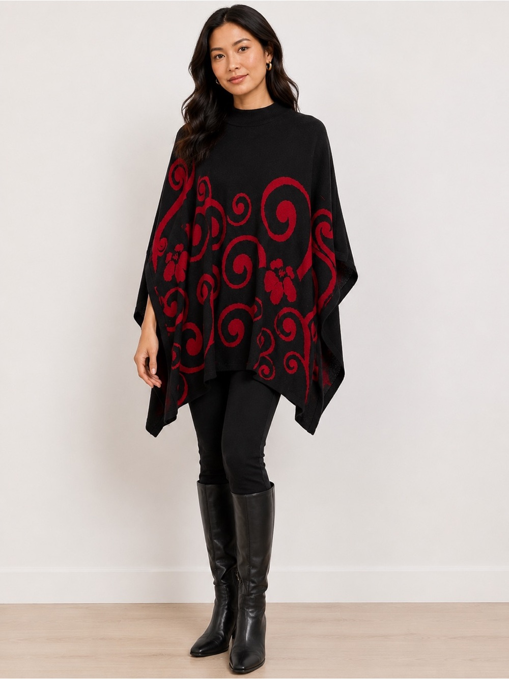 Chico's Cotton acrylic blend Black Poncho with Red Scroll Motif L/XL